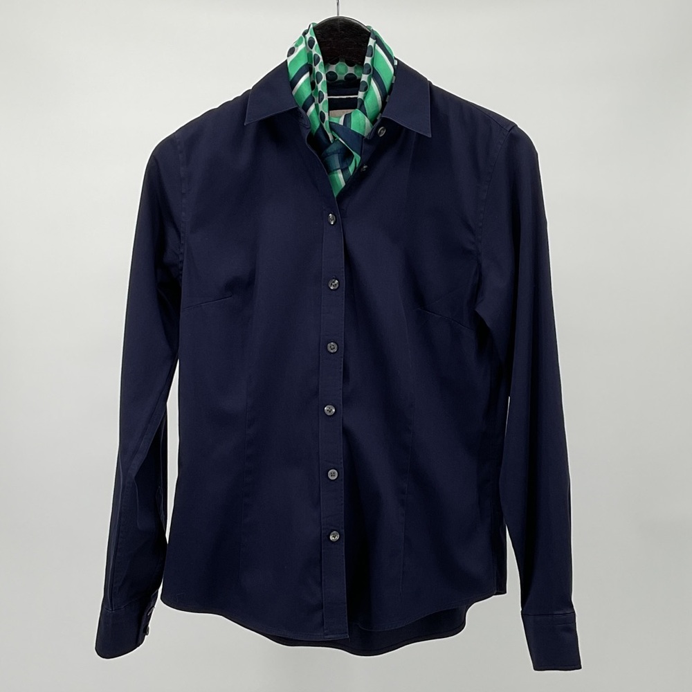 Banana Republic Button Front Shirt Navy Size 8 Stretch Cotton Tailored Fit